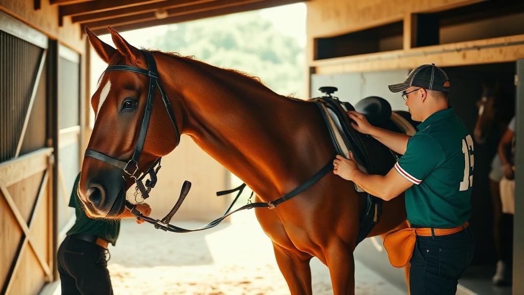 Groom preparing polo pony for match