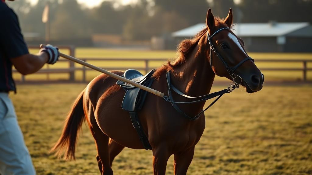 Polo pony during training session with trainer